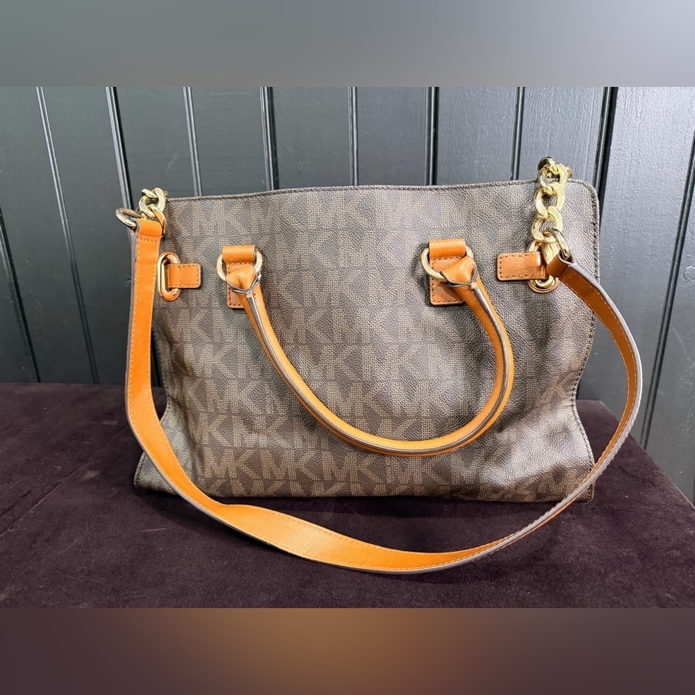 Michael Kors Large Brown Satchel Leather Shoulder Tote Bag Gold Accents MK Logo - Picture 5 of 13